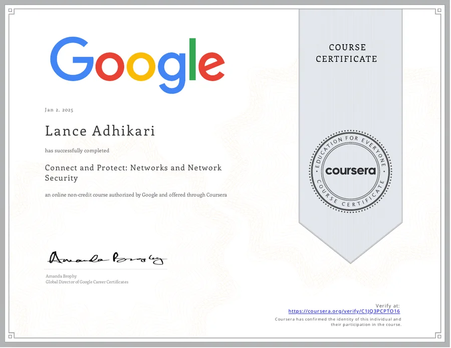 Google Connect and Protect: Networks and Network Security Coursera certificate for Lance Adhikari
