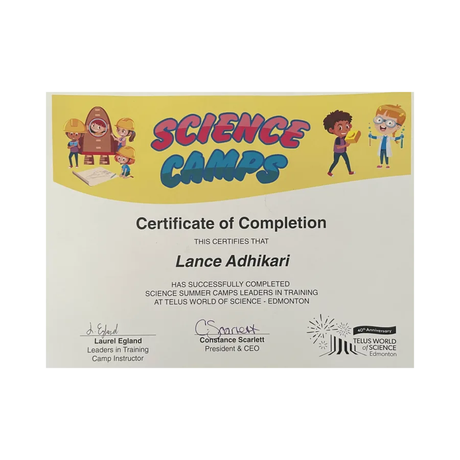 TELUS World of Science Science Summer Camps Leaders in Training completion certificate for Lance Adhikari