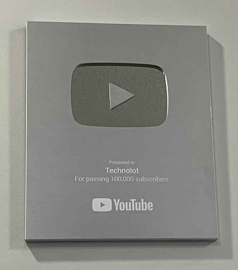 YouTube Silver Creator Award presented to Technolot for passing 100,000 subscribers